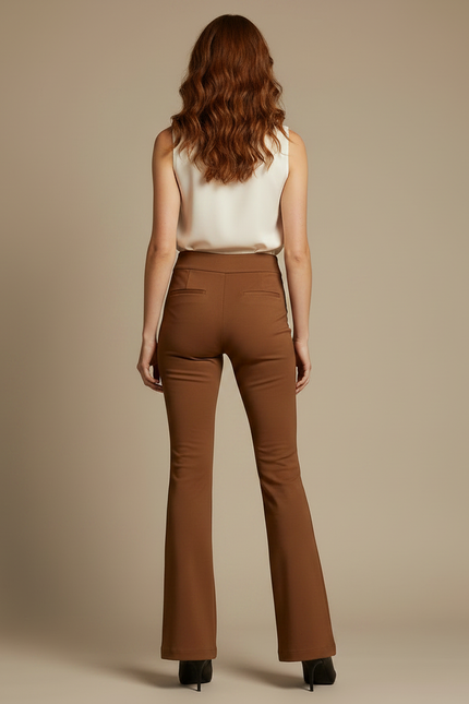 Pantalon Marron Évasé Taille Haute Élégant Femme - Polyester - vue 2