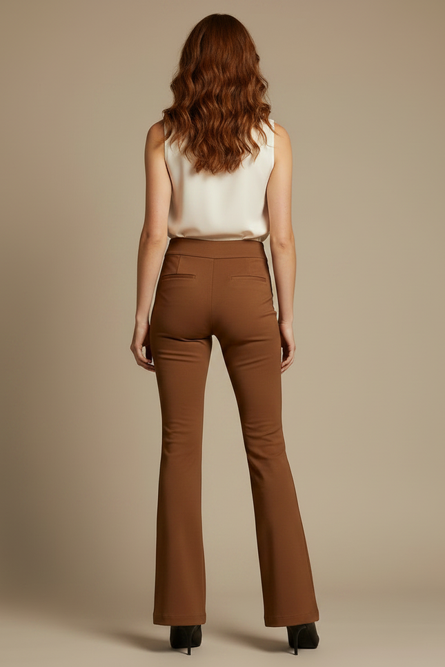 Pantalon Marron Évasé Taille Haute Élégant Femme - Polyester - vue 2