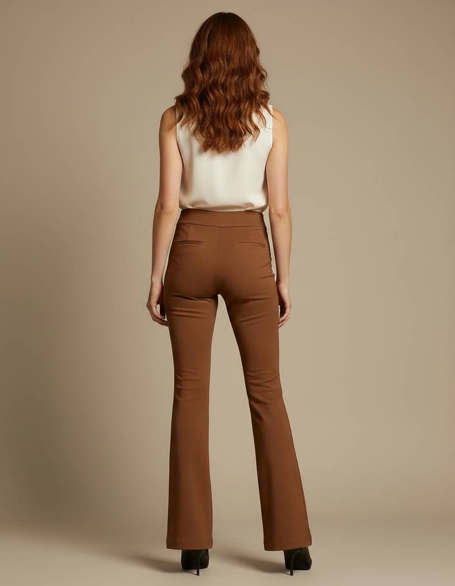 Pantalon Marron Évasé Taille Haute Élégant Femme - Polyester - vue 2