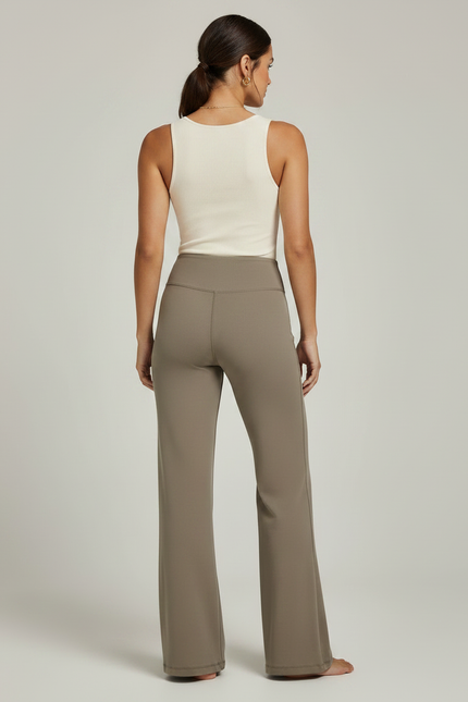 Pantalon Marron Taille Haute Évasé Confortable Yoga Femme - Kaki Maille - vue 2