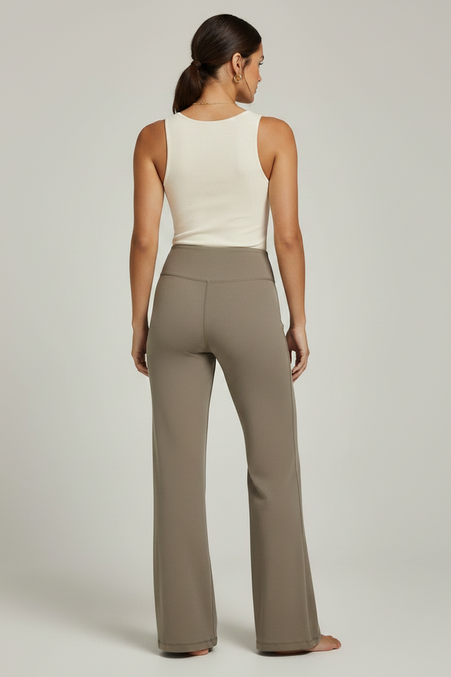 Pantalon Marron Taille Haute Évasé Confortable Yoga Femme - Kaki Maille - vue 2
