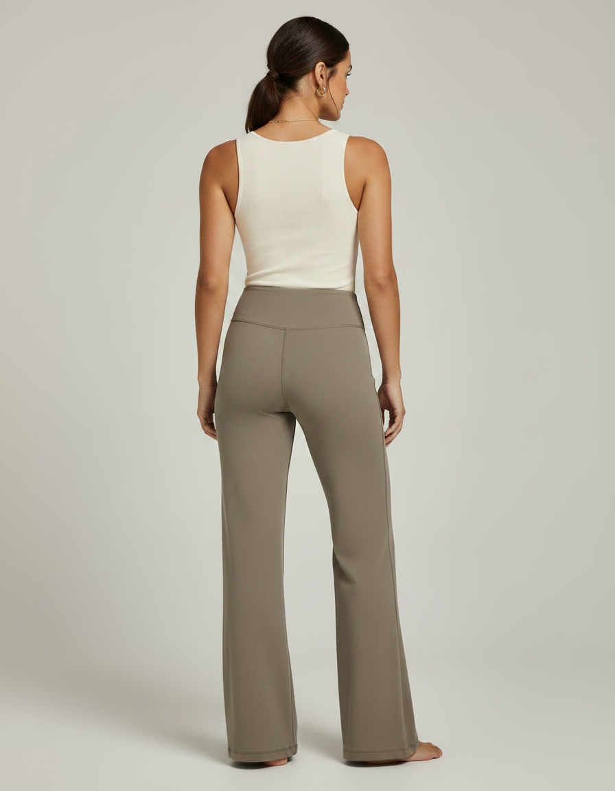 Pantalon Marron Taille Haute Évasé Confortable Yoga Femme - Kaki Maille - vue 2