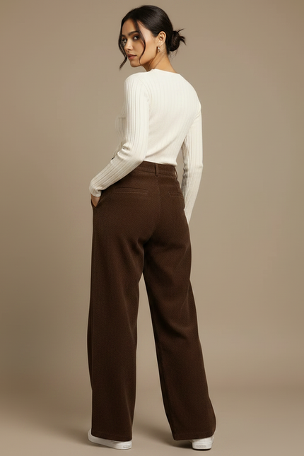 Pantalon Marron Côtelé Droit Ample Plissé Décontracté - Cordé - vue 2