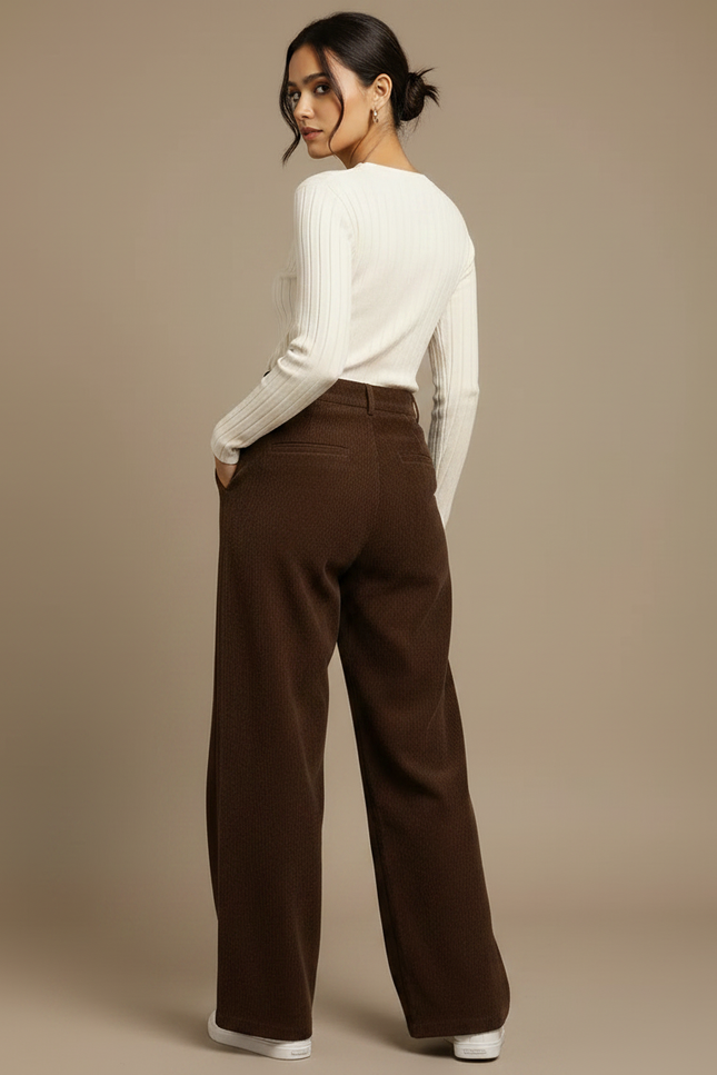 Pantalon Marron Côtelé Droit Ample Plissé Décontracté - Cordé - vue 2