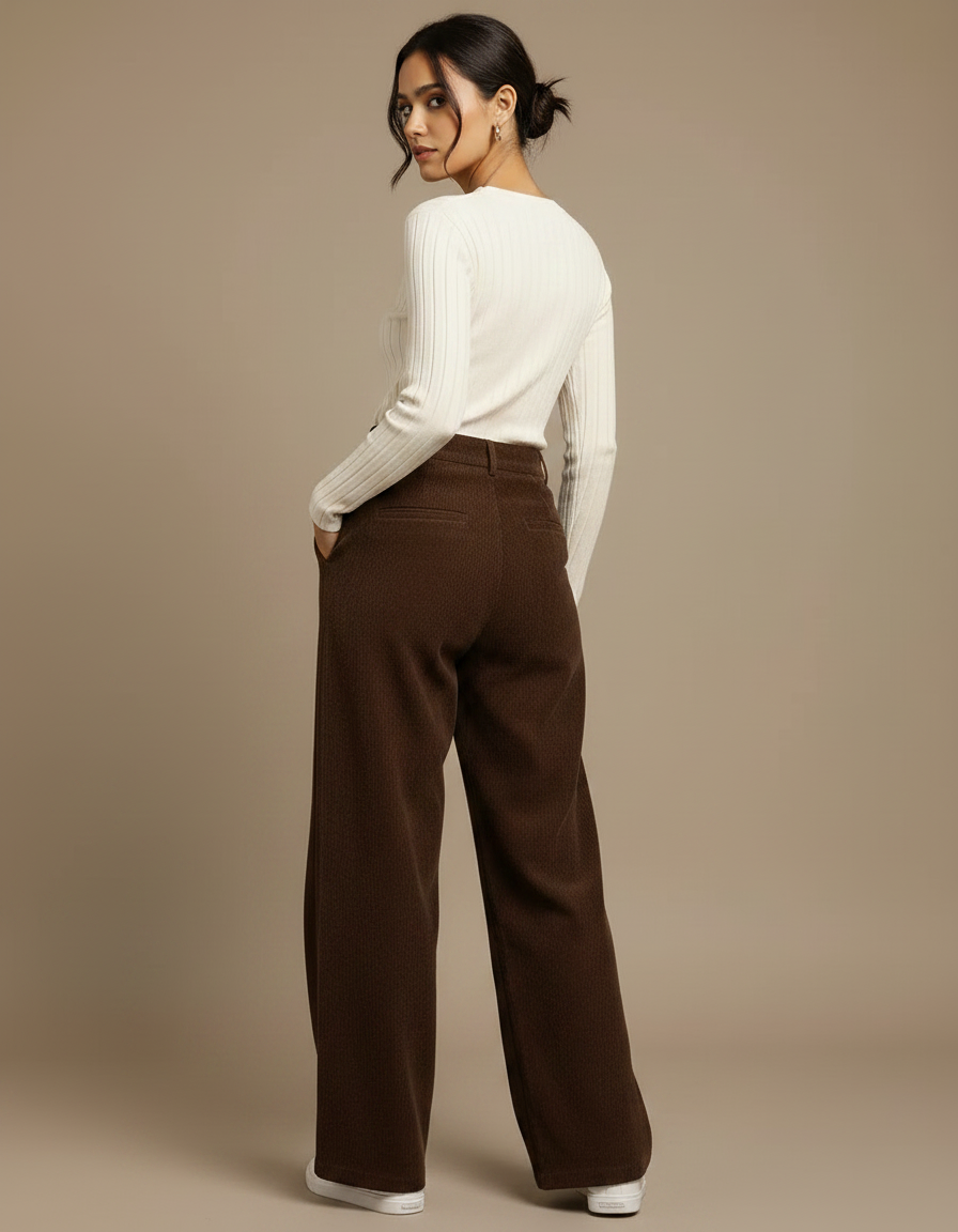Pantalon Marron Côtelé Droit Ample Plissé Décontracté - Cordé - vue 2