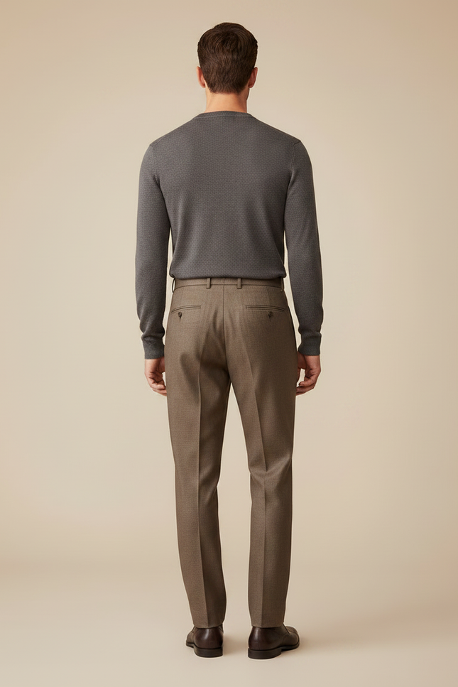 Pantalon Marron Laine Droit Plissé Élégant Homme - vue 2