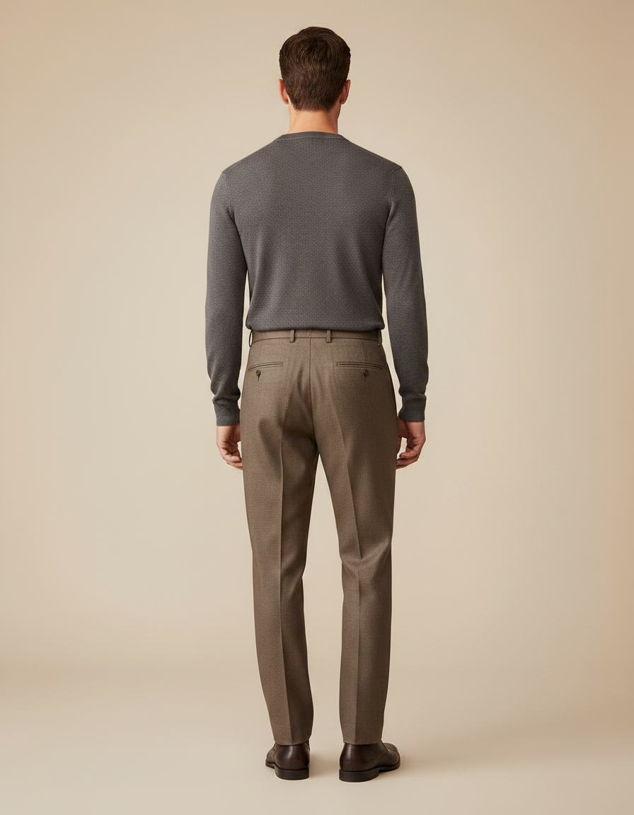 Pantalon Marron Laine Droit Plissé Élégant Homme - vue 2