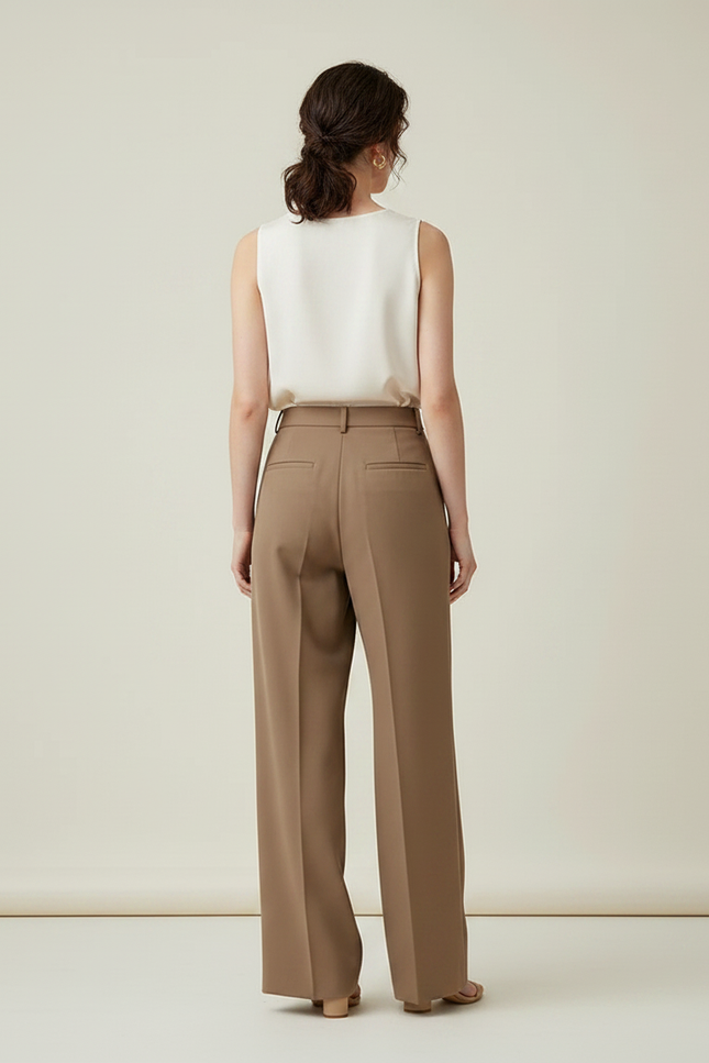Pantalon Marron Ample Plissé Fluide Élégant Femme - Polyester - vue 2