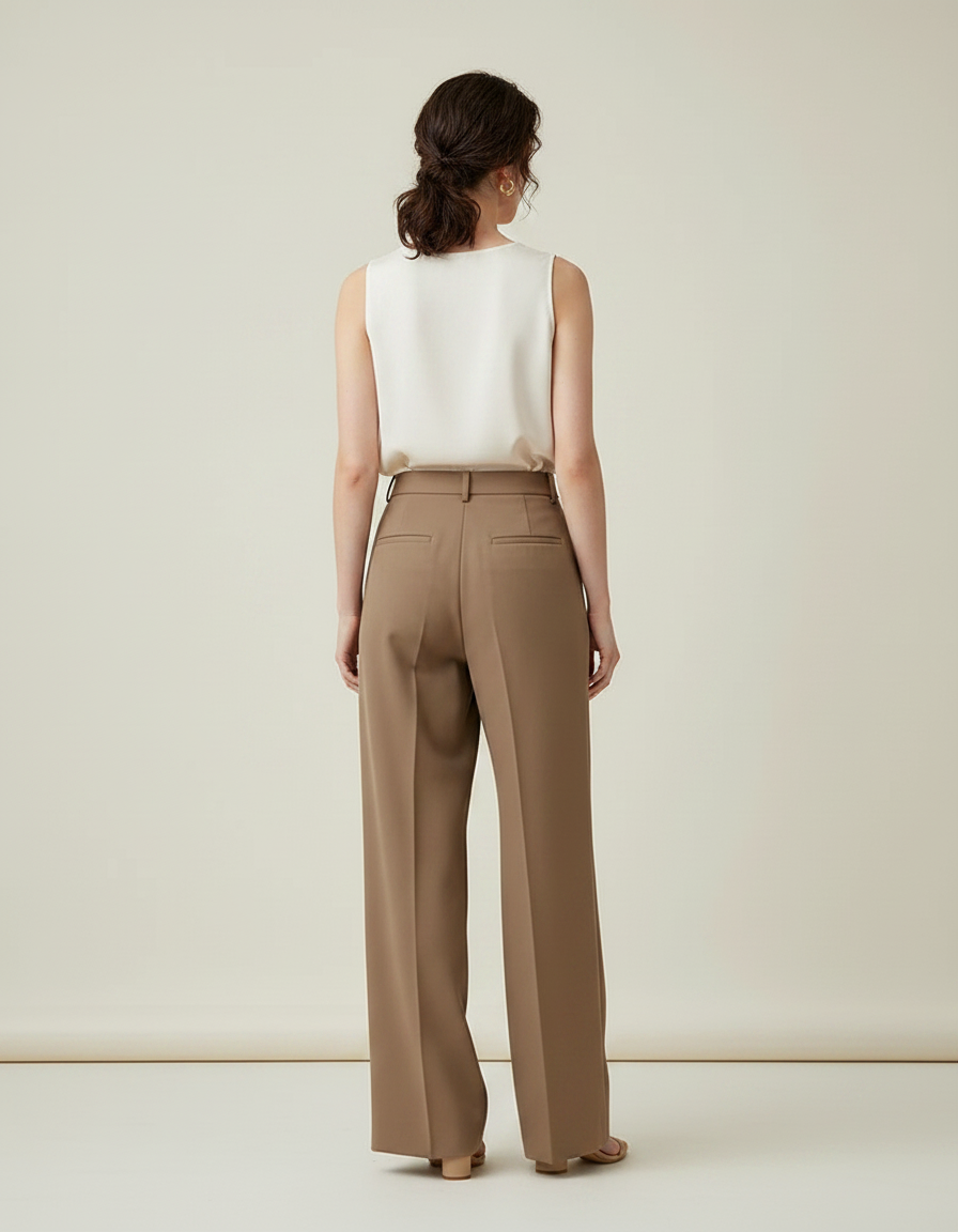 Pantalon Marron Ample Plissé Fluide Élégant Femme - Polyester - vue 2