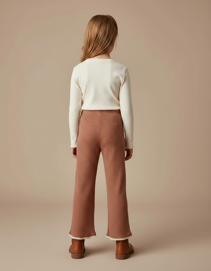 Pantalon Marron Côtelé Tricoté Enfant Élastique - Maille - vue 2