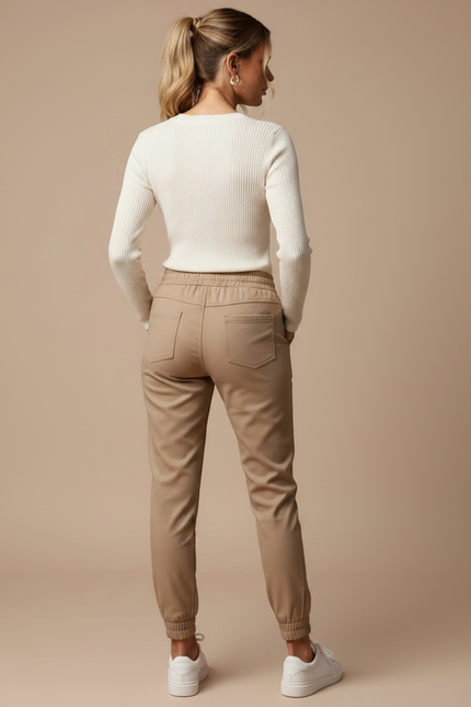 Pantalon Marron Similicuir Taille Haute Décontracté Femme - Camel Simili cuir - vue 2