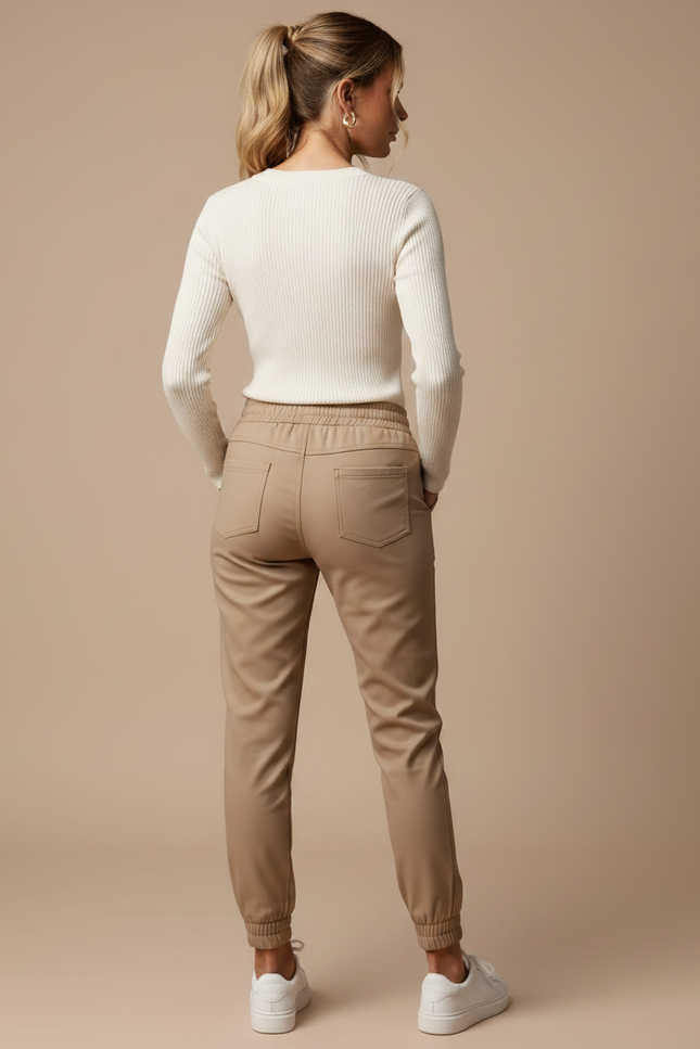 Pantalon Marron Similicuir Taille Haute Décontracté Femme - Camel Simili cuir - vue 2