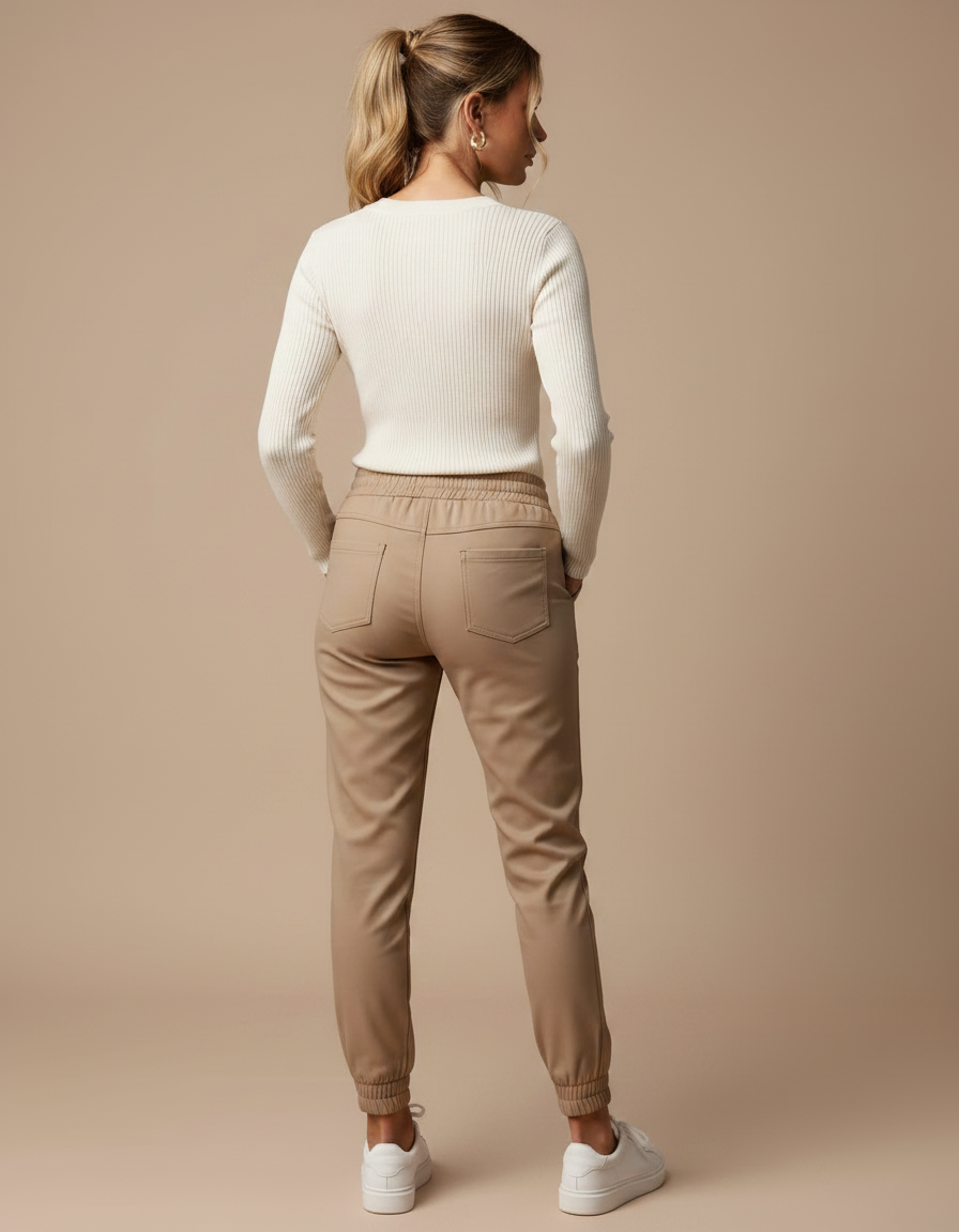 Pantalon Marron Similicuir Taille Haute Décontracté Femme - Camel Simili cuir - vue 2