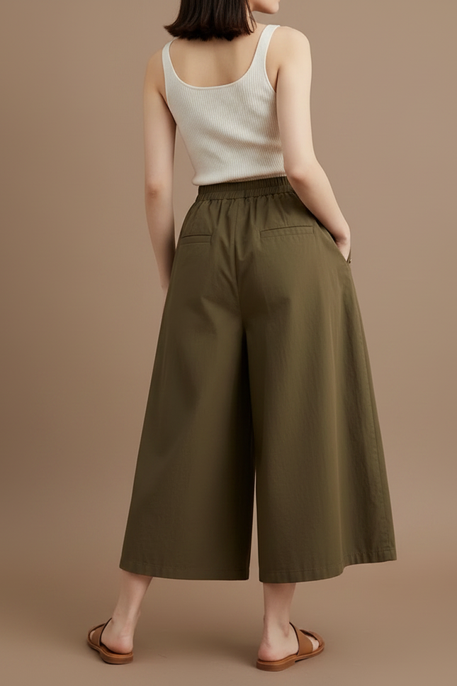 Pantalon Marron Ample Coton Plissé Décontracté Femme - Kaki - vue 2
