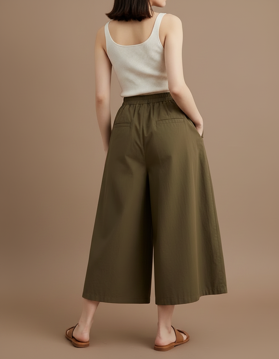 Pantalon Marron Ample Coton Plissé Décontracté Femme - Kaki - vue 2