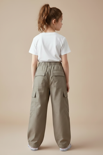 Pantalon Marron Ample Cargo Poches Enfants - Kaki Gabardine - vue 2