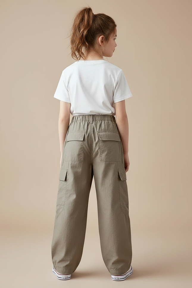 Pantalon Marron Ample Cargo Poches Enfants - Kaki Gabardine - vue 2