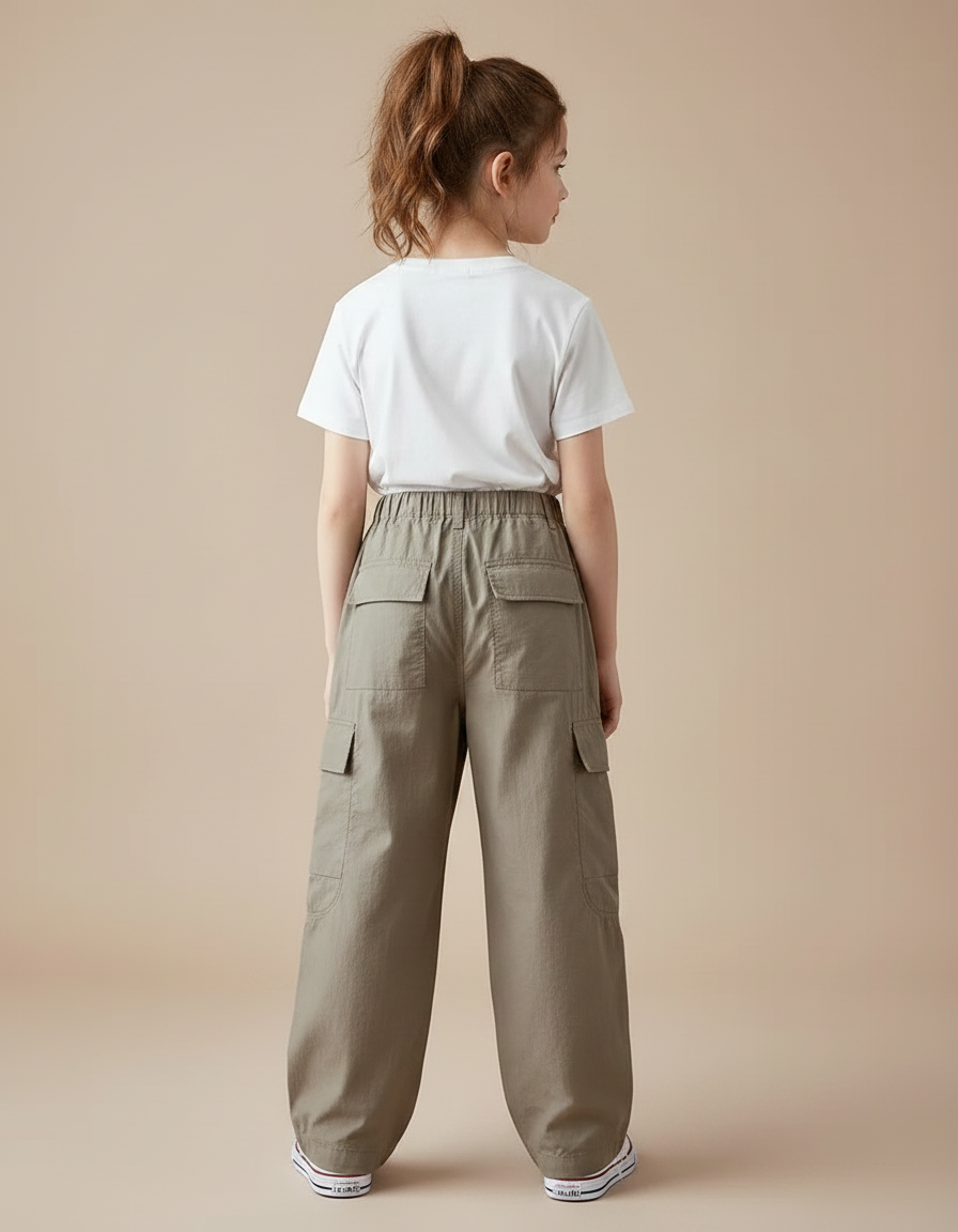 Pantalon Marron Ample Cargo Poches Enfants - Kaki Gabardine - vue 2