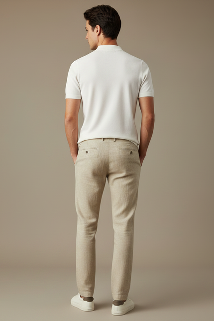Pantalon Marron Lin Coton Slim Élégant Décontracté Homme - Beige - vue 2