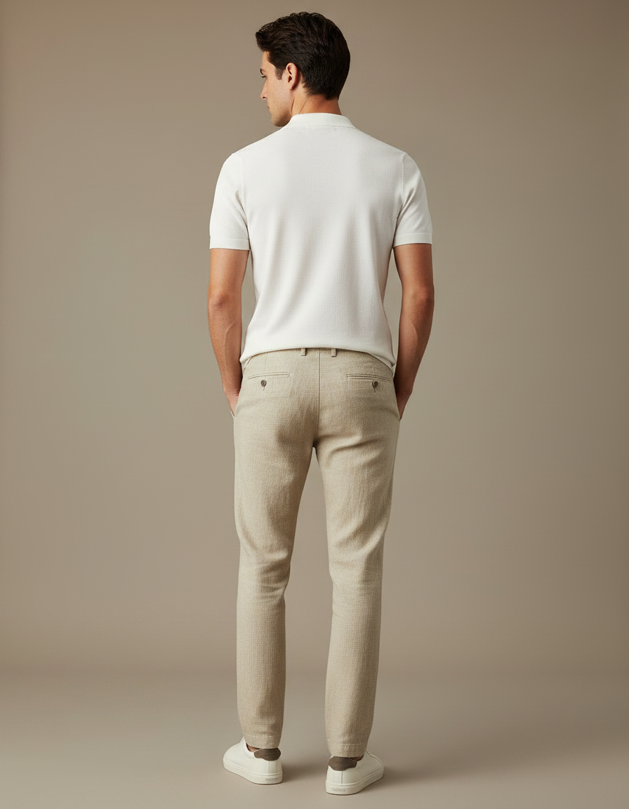 Pantalon Marron Lin Coton Slim Élégant Décontracté Homme - Beige - vue 2