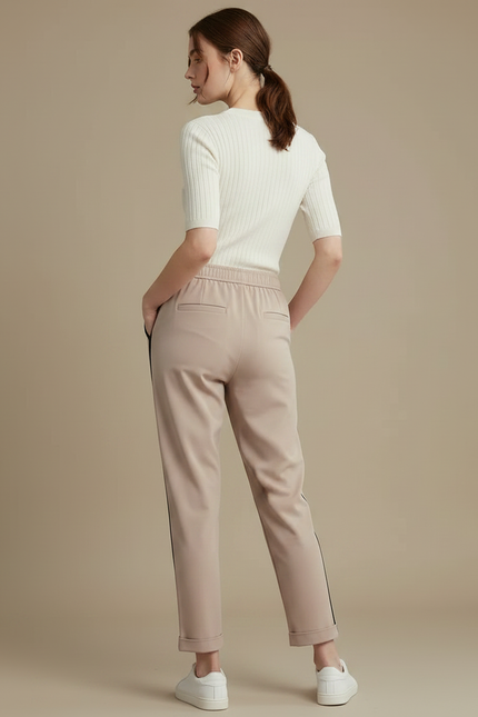 Pantalon Marron Coupe Droite Sport Chic Bande Latérale - Beige Polyester - vue 2