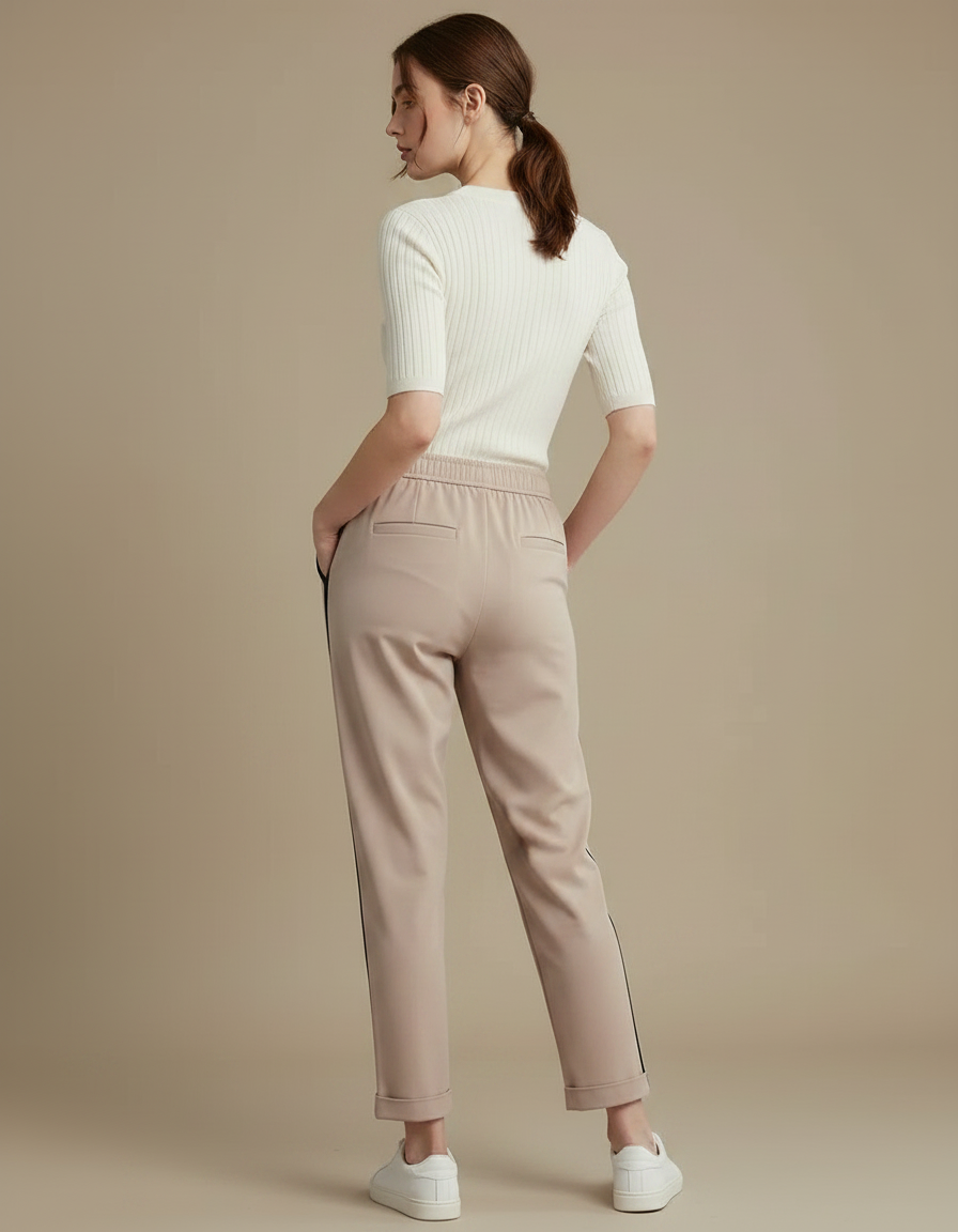 Pantalon Marron Coupe Droite Sport Chic Bande Latérale - Beige Polyester - vue 2
