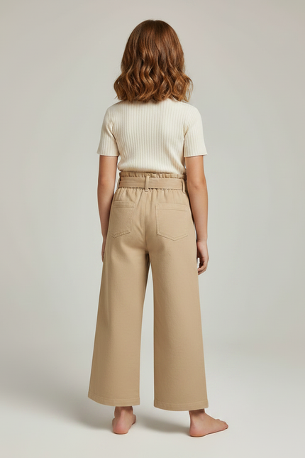 Pantalon Marron Ample Taille Haute Coton Fille - Camel Toile - vue 2