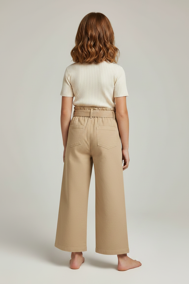 Pantalon Marron Ample Taille Haute Coton Fille - Camel Toile - vue 2