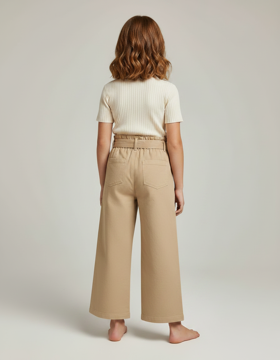 Pantalon Marron Ample Taille Haute Coton Fille - Camel Toile - vue 2