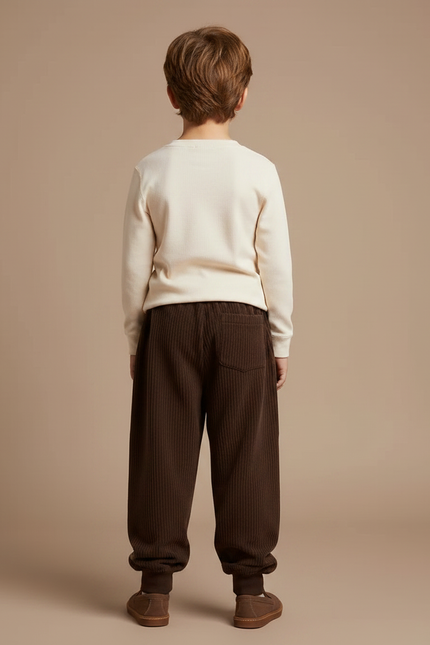 Pantalon Marron Côtelé Ample Élastique Enfant Confortable - Cordé - vue 2