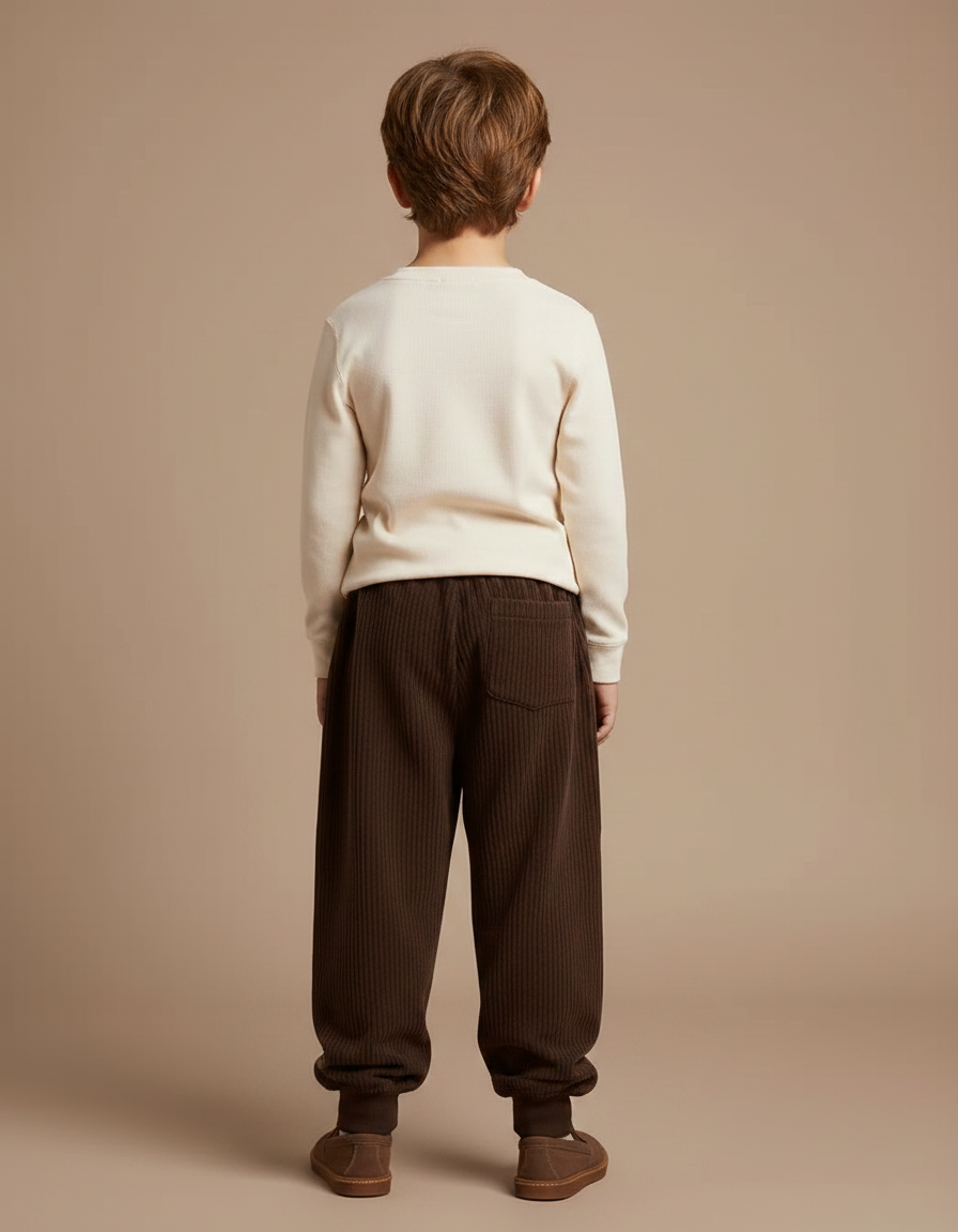 Pantalon Marron Côtelé Ample Élastique Enfant Confortable - Cordé - vue 2