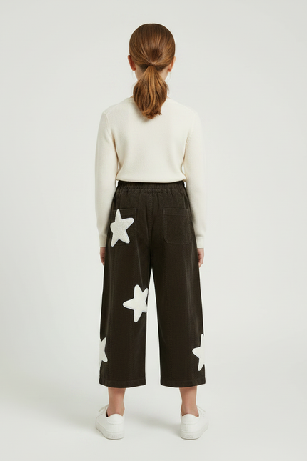 Pantalon Marron Côtelé Étoiles Blanches Ample Fille - Cordé - vue 2
