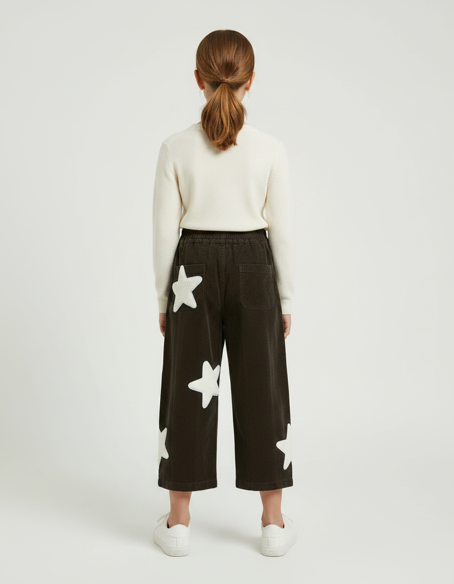Pantalon Marron Côtelé Étoiles Blanches Ample Fille - Cordé - vue 2