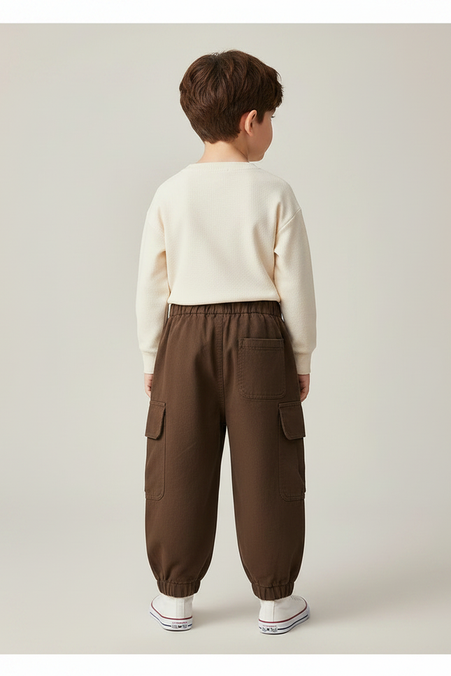 Pantalon Marron Cargo Ample Coton Enfant Élastique - Molleton - vue 2