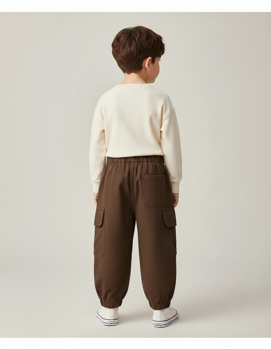 Pantalon Marron Cargo Ample Coton Enfant Élastique - Molleton - vue 2