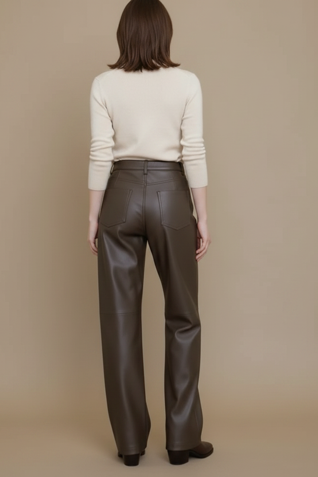 Pantalon Marron Cuir PU Ample Élégant Décontracté - Simili cuir - vue 2