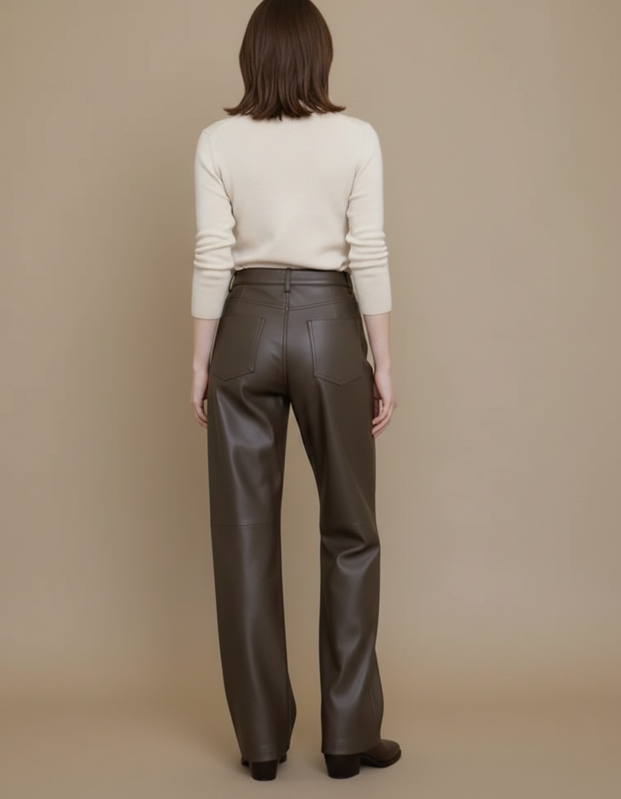 Pantalon Marron Cuir PU Ample Élégant Décontracté - Simili cuir - vue 2
