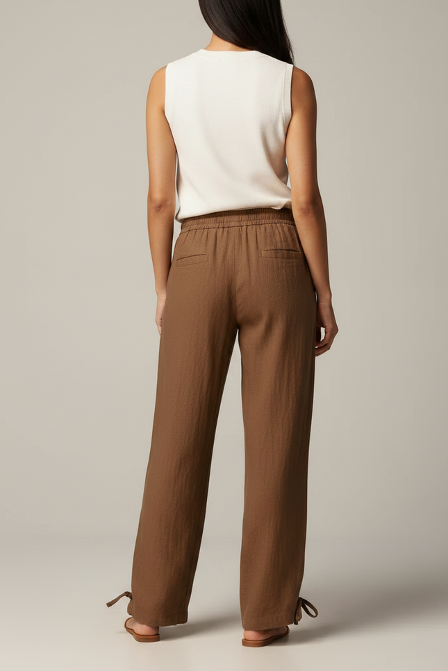 Pantalon Marron Lin Ample Fluide Cordon Femme - vue 2