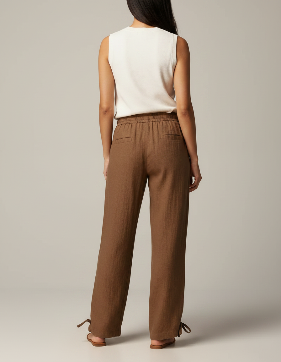 Pantalon Marron Lin Ample Fluide Cordon Femme - vue 2