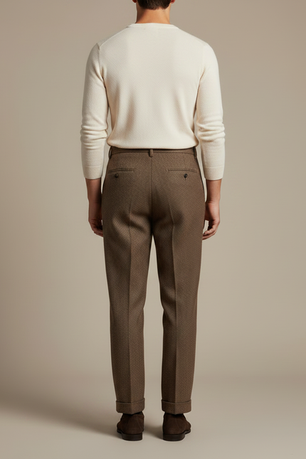 Pantalon Marron Laine Droit Plissé Homme Hiver - Tweed - vue 2