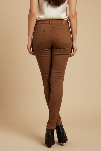 Pantalon Marron Slim Coton Taille Moyenne Élégant Femme - Gabardine - vue 2