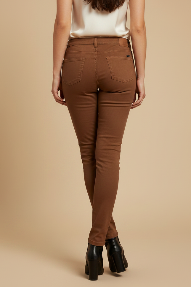 Pantalon Marron Slim Coton Taille Moyenne Élégant Femme - Gabardine - vue 2