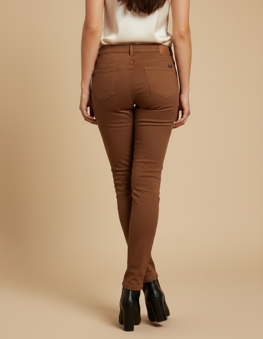 Pantalon Marron Slim Coton Taille Moyenne Élégant Femme - Gabardine - vue 2