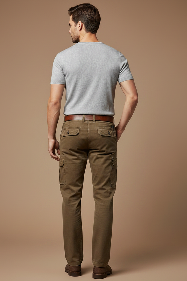Pantalon Marron Cargo Coton Décontracté Homme Multipoches - Kaki Toile - vue 2
