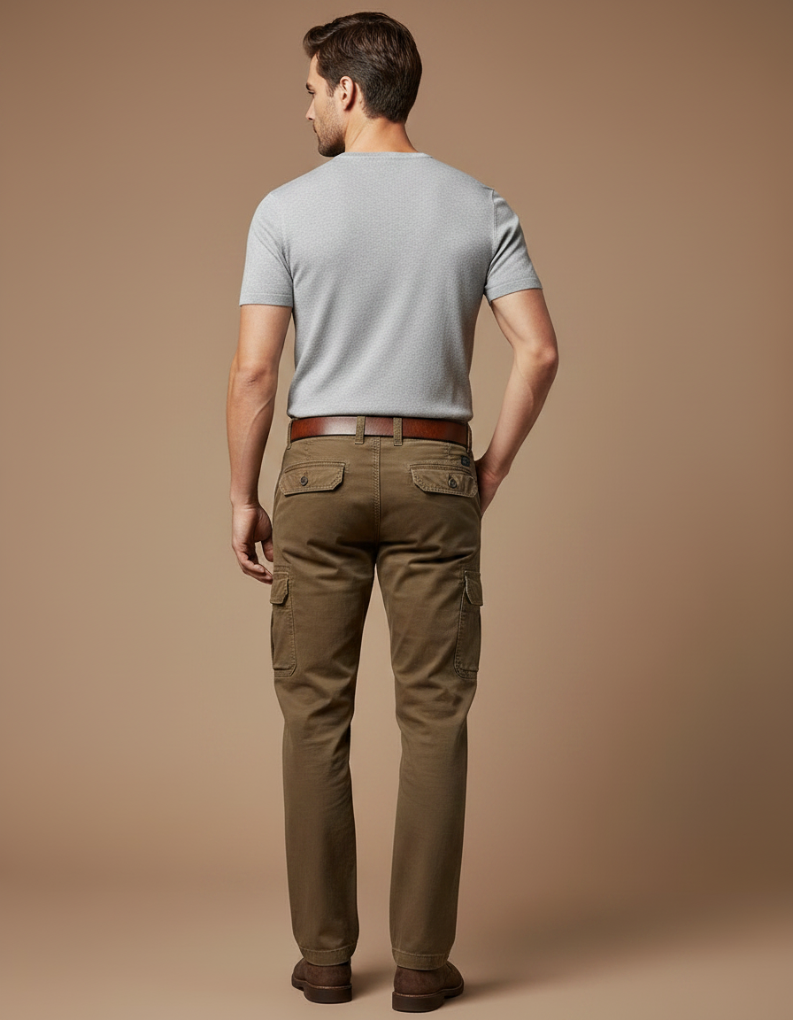 Pantalon Marron Cargo Coton Décontracté Homme Multipoches - Kaki Toile - vue 2