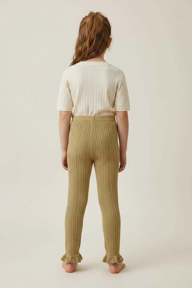 Pantalon Marron Tricoté Câblé Volants Confortable Enfant - Kaki Maille - vue 2