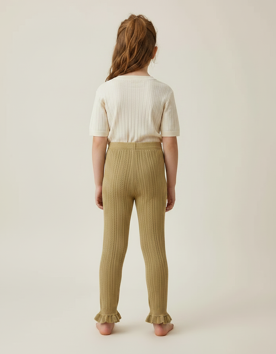 Pantalon Marron Tricoté Câblé Volants Confortable Enfant - Kaki Maille - vue 2