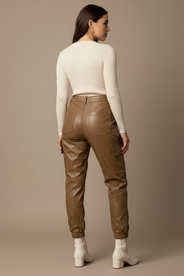 Pantalon Marron Cargo Similicuir Taille Haute Femme - Simili cuir - vue 2