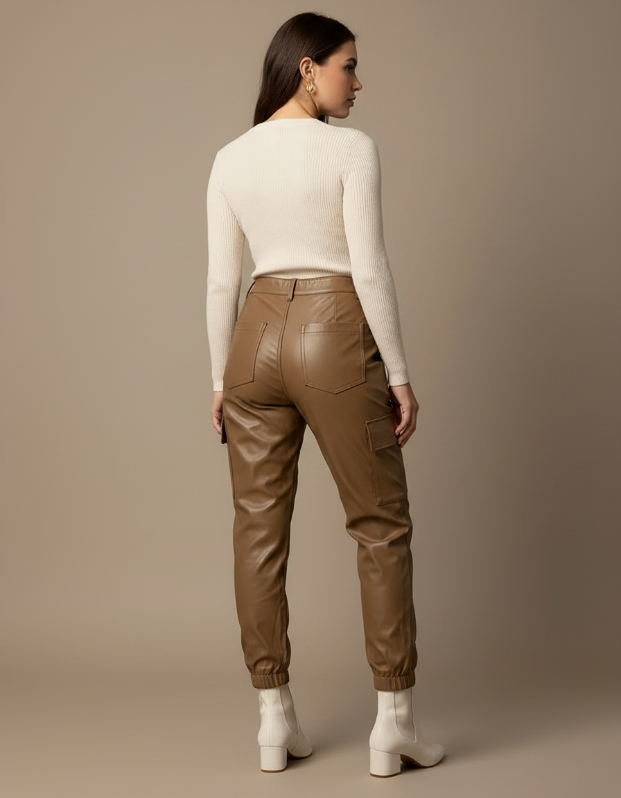 Pantalon Marron Cargo Similicuir Taille Haute Femme - Simili cuir - vue 2