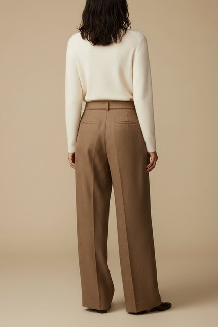Pantalon Marron Laine Plissé Taille Haute Élégant - vue 2